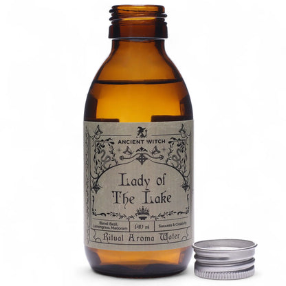 Amber bottle labeled 'Lady of The Lake' with a white background