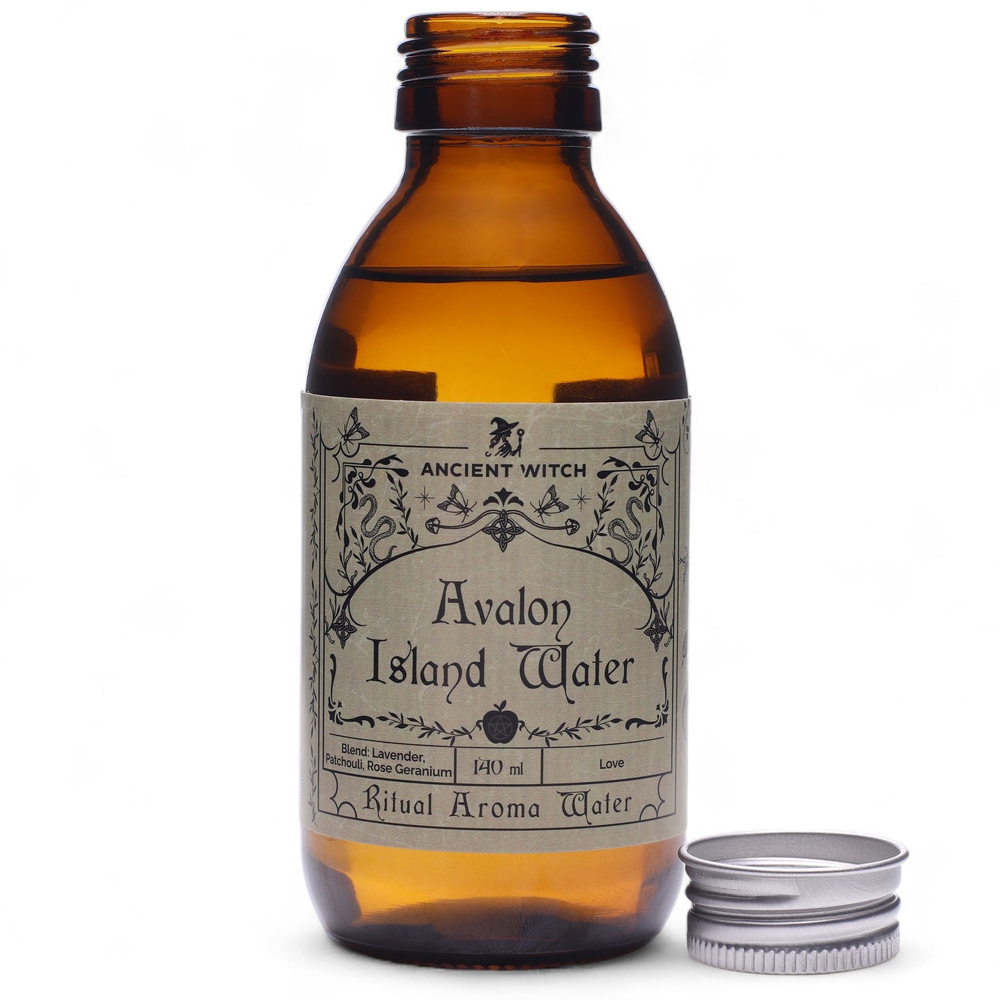 Amber glass bottle with label 'Avalon Island Water' on a white background