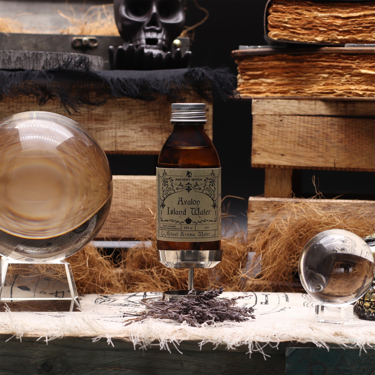 Bottle of Avalon Island Water with a glass on a rustic wooden surface.