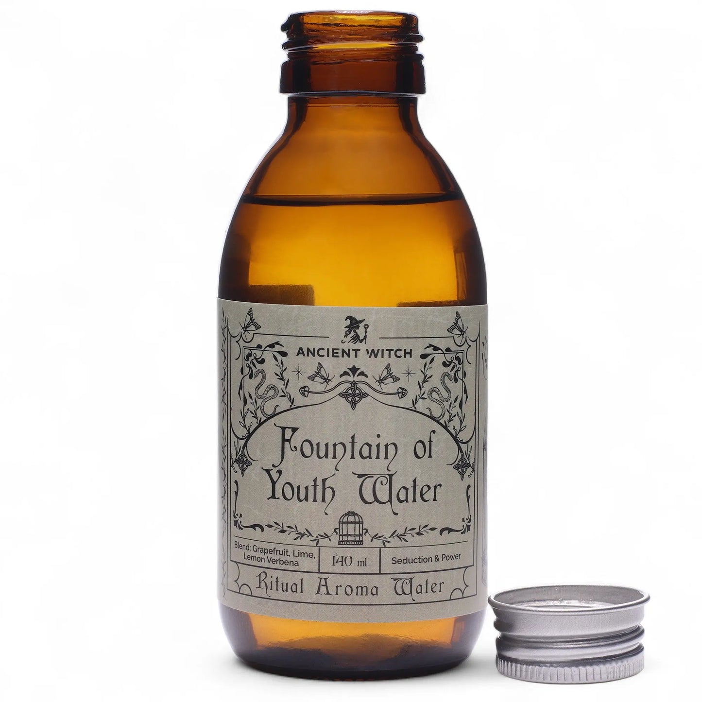 Brown bottle labeled 'Fountain of Youth Water' with a silver cap on a white background