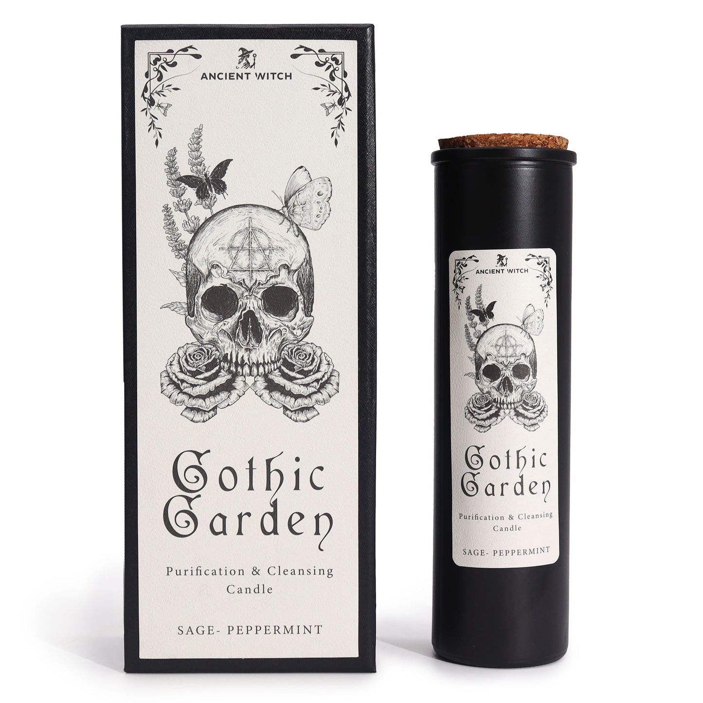 Gothic-themed candle with skull design and packaging on a white background