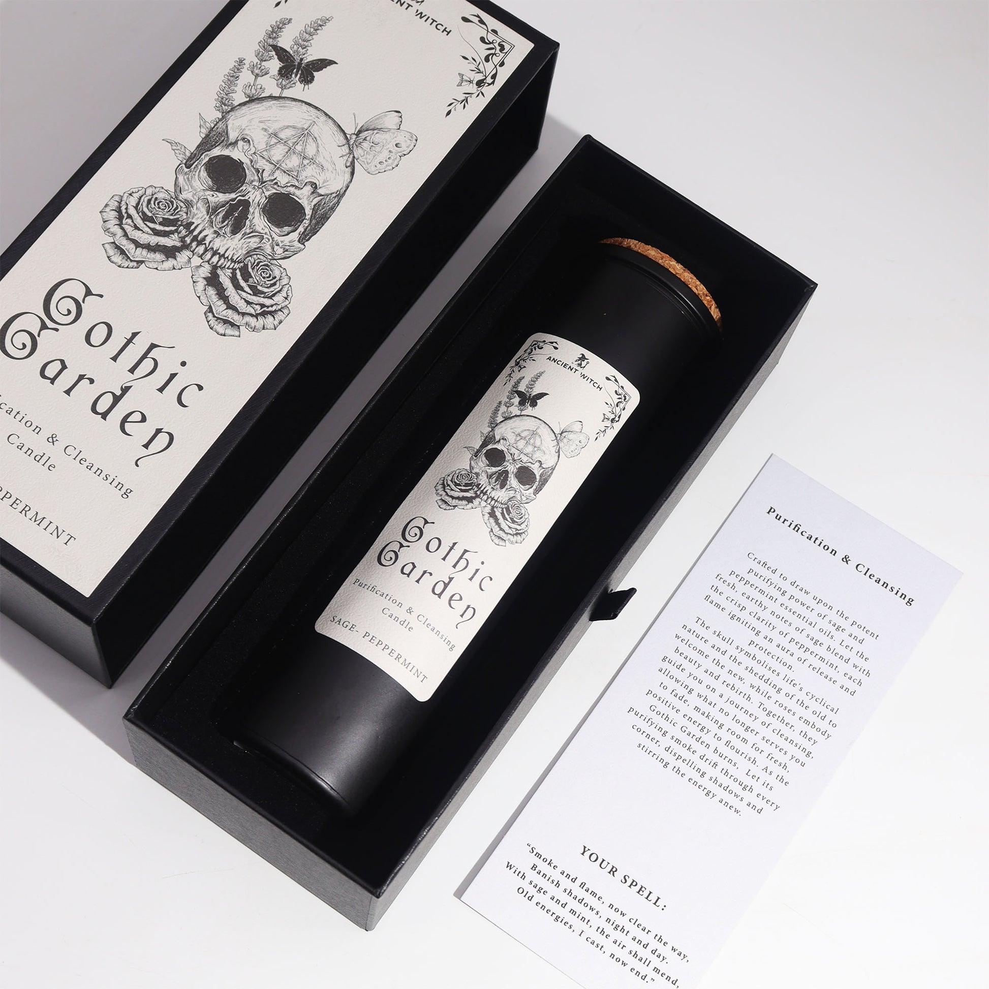 Gothic Garden candle in a decorative box with skull and floral design