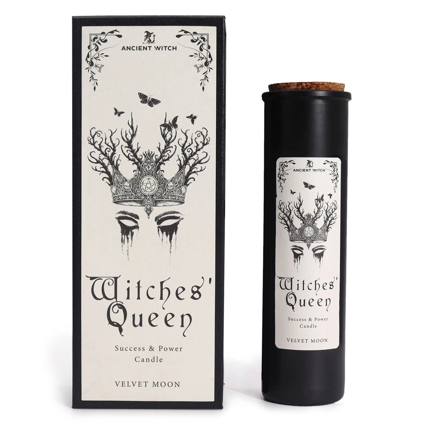Witches' Queen candle packaging with black and white design on a white background