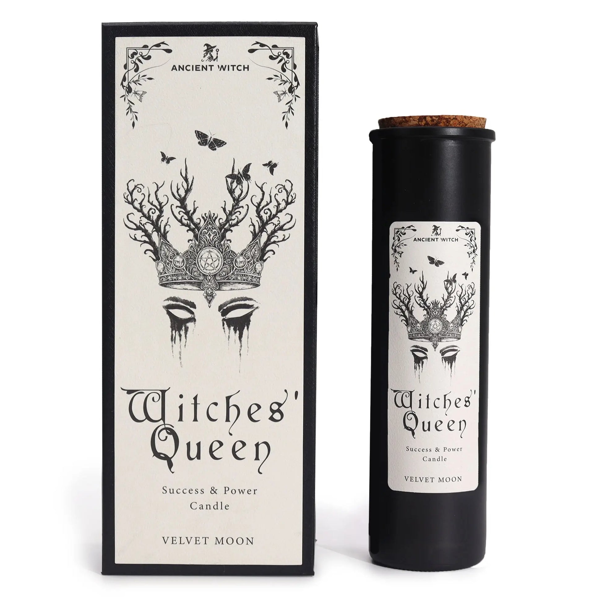 Witches' Queen candle packaging with black and white design on a white background