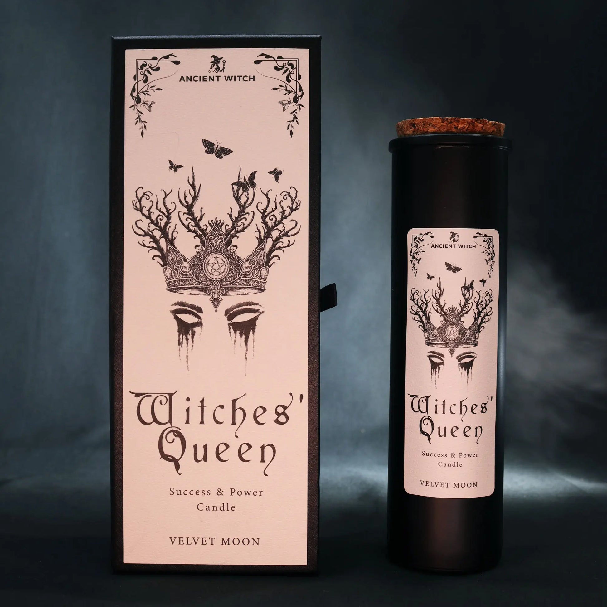 Witches' Queen candle packaging with decorative design and text on a dark background