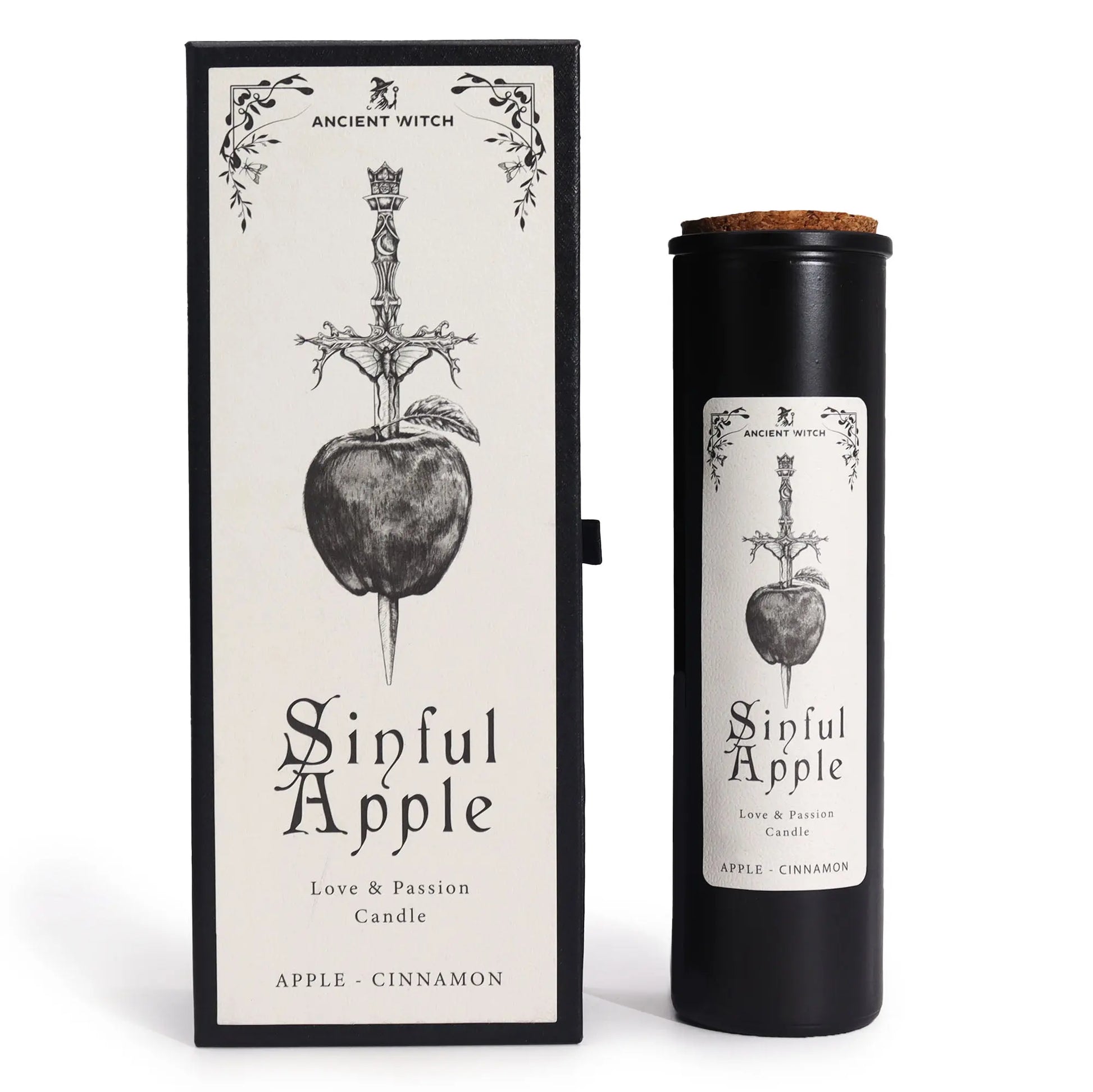 Candle packaging with 'Sinful Apple' design and text on a white background