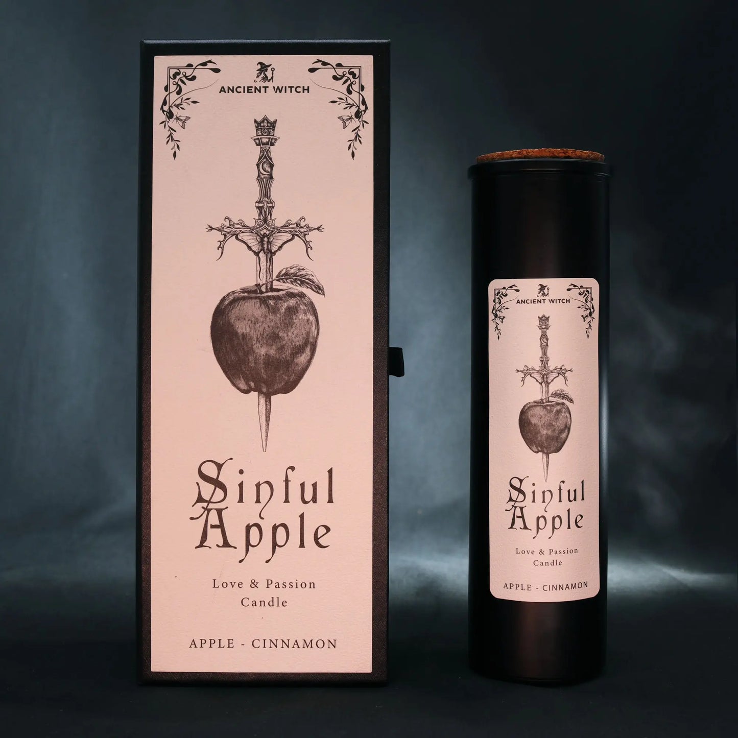Candle packaging for 'Sinful Apple' candle with decorative design on a dark background