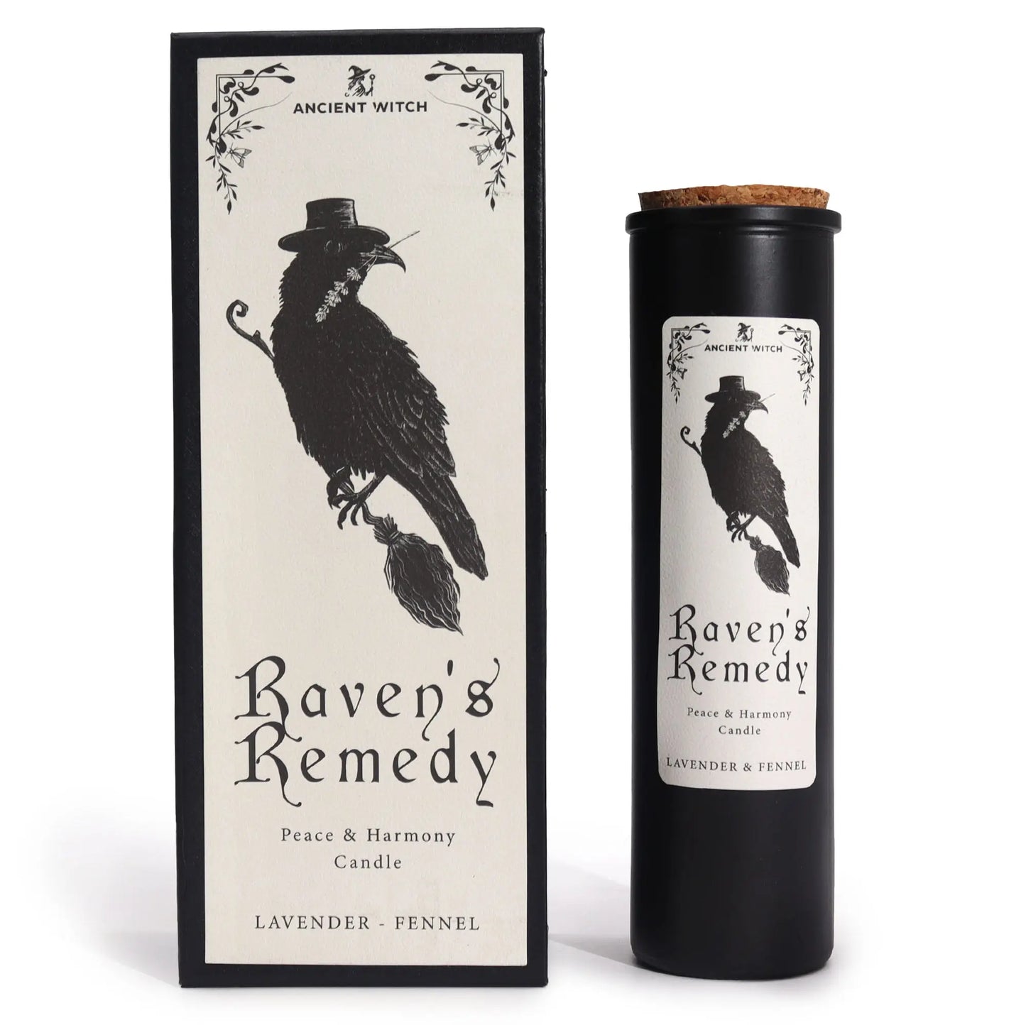 Candle titled 'Raven's Remedy' with packaging featuring a black and white illustration of a raven.