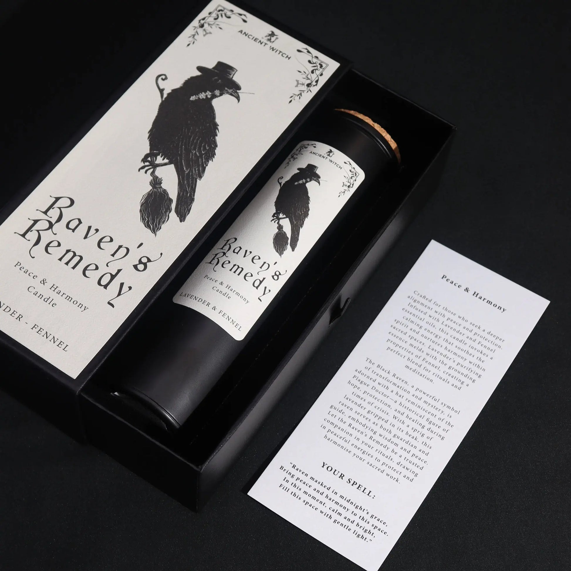 Candle set with 'Raven's Remedy' branding on a dark background