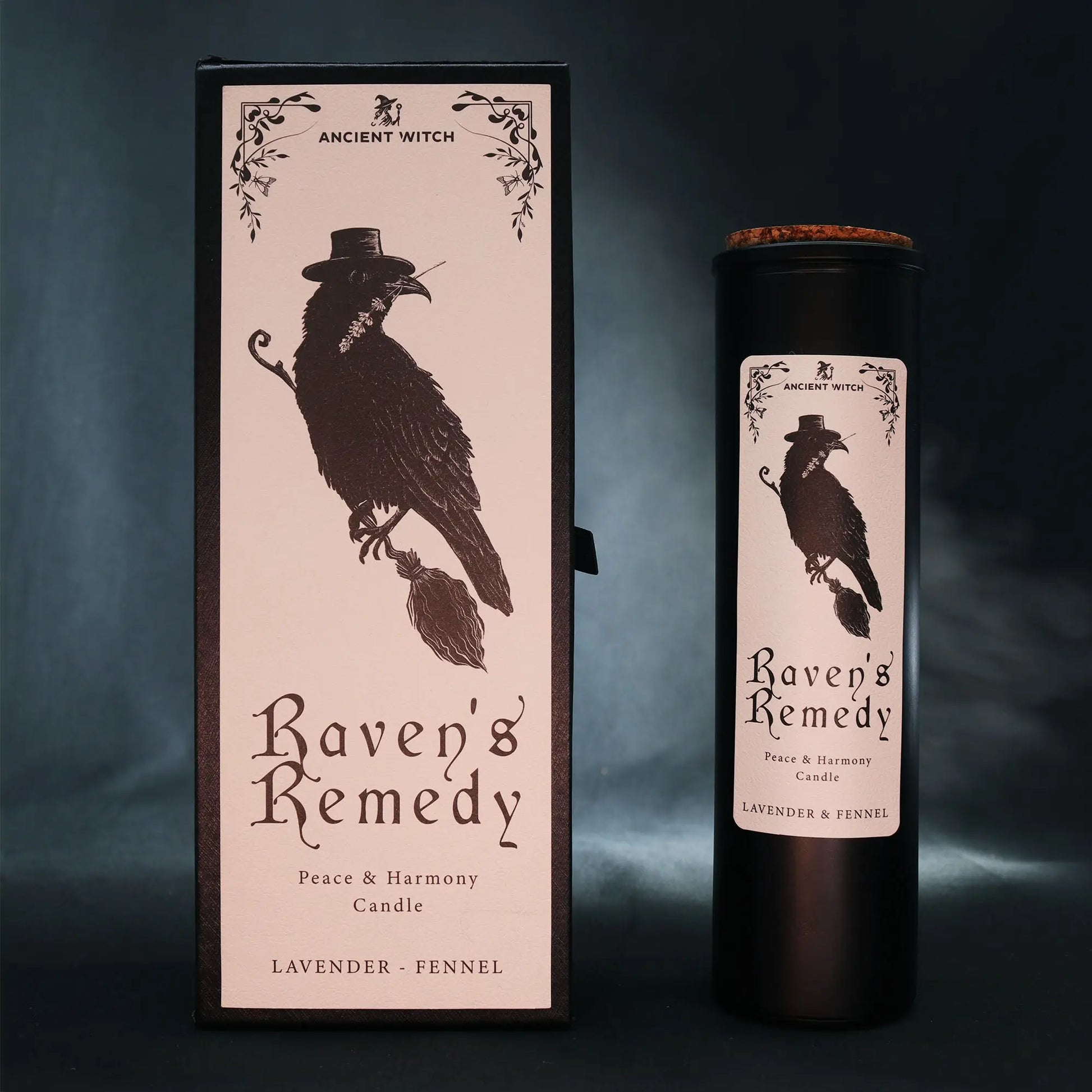 Candle packaging with a raven design and 'Raven's Remedy' text on a dark background