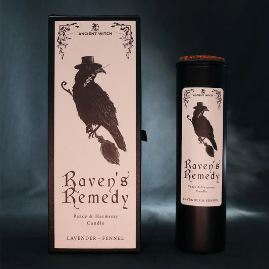 Candle packaging with a raven design and 'Raven's Remedy' text on a dark background