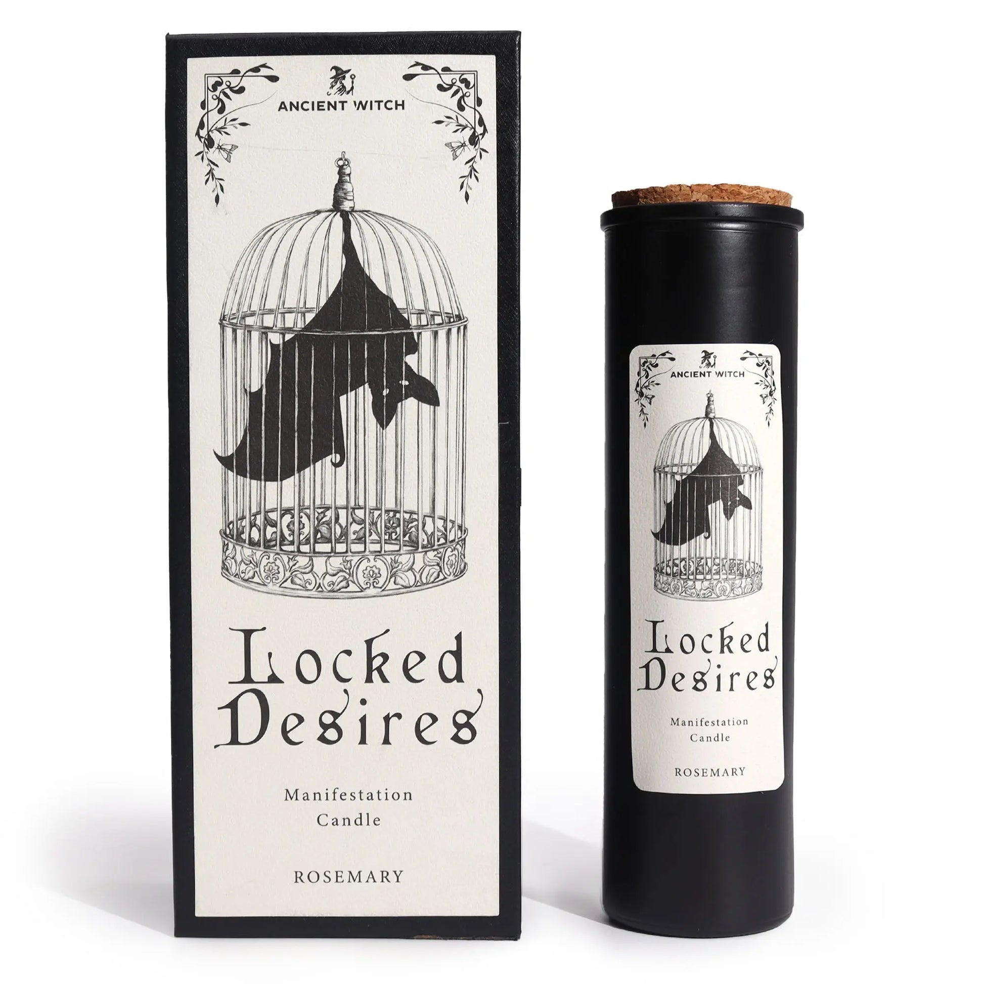 Manifestation candle labeled 'Locked Desires' with packaging featuring a birdcage design.