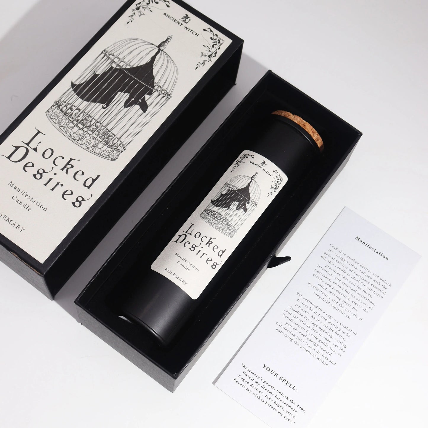 Black candle in a decorative box with 'Locked Desire' branding on a white background