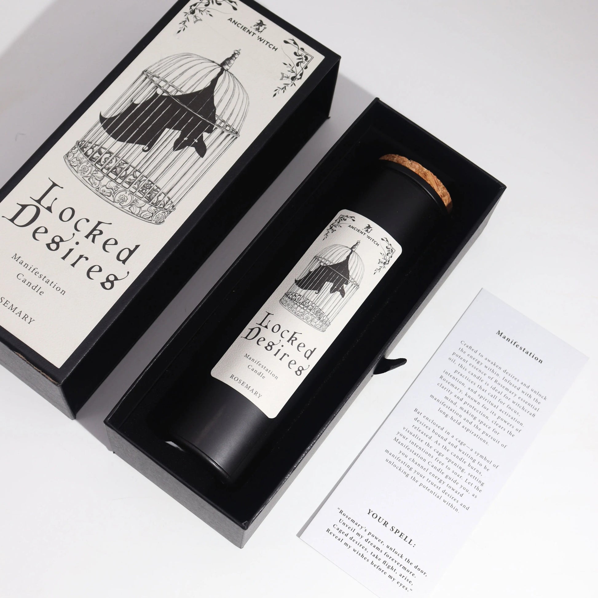 Black candle in a decorative box with 'Locked Desire' branding on a white background