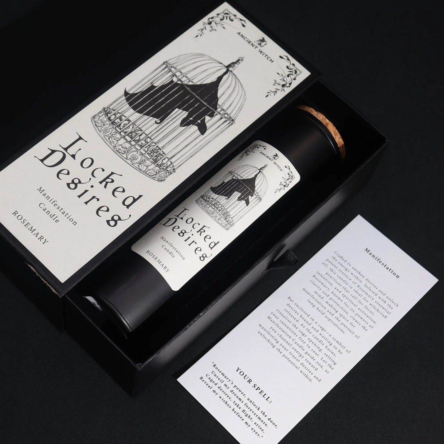 Candle set with 'Locked Desires' branding on a black background