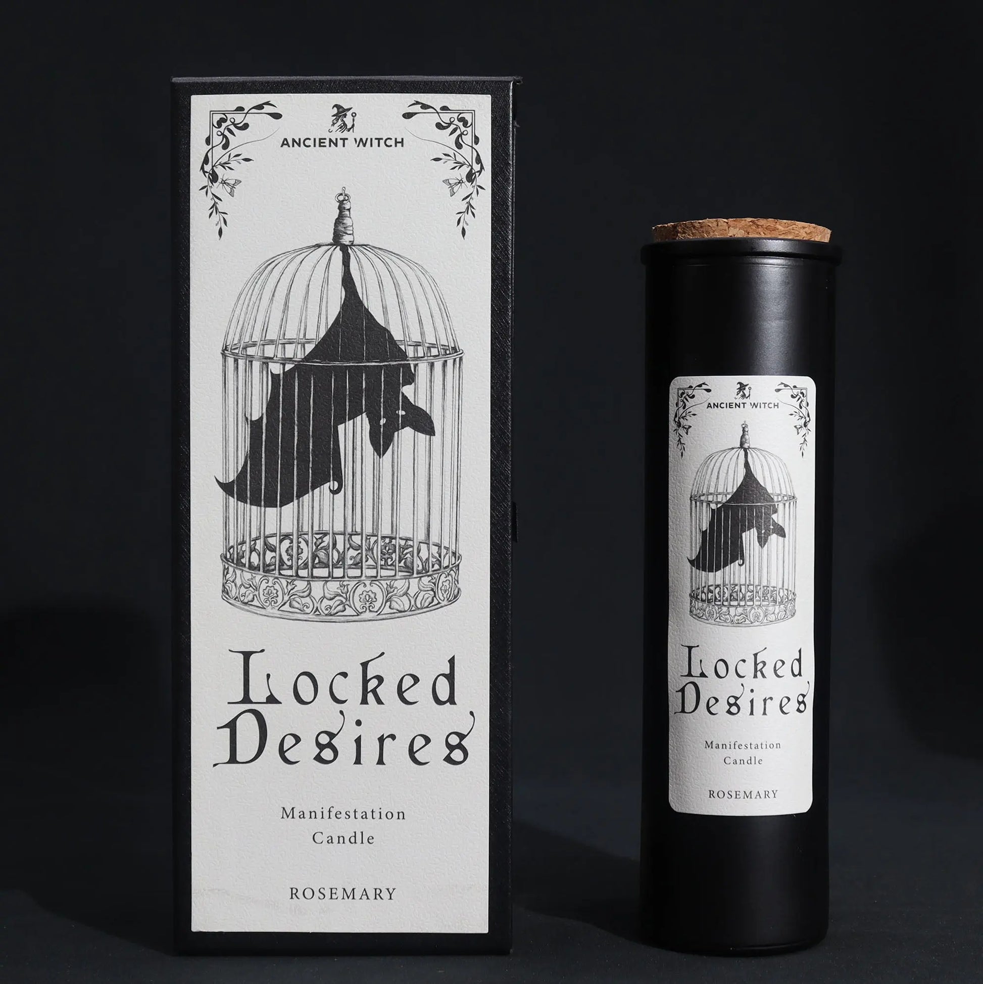 Candle labeled 'Locked Desires' with packaging on a dark background