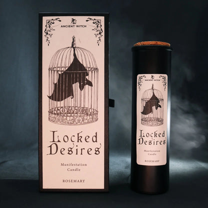 Manifestation candle labeled 'Locked Desires' with packaging on a dark background