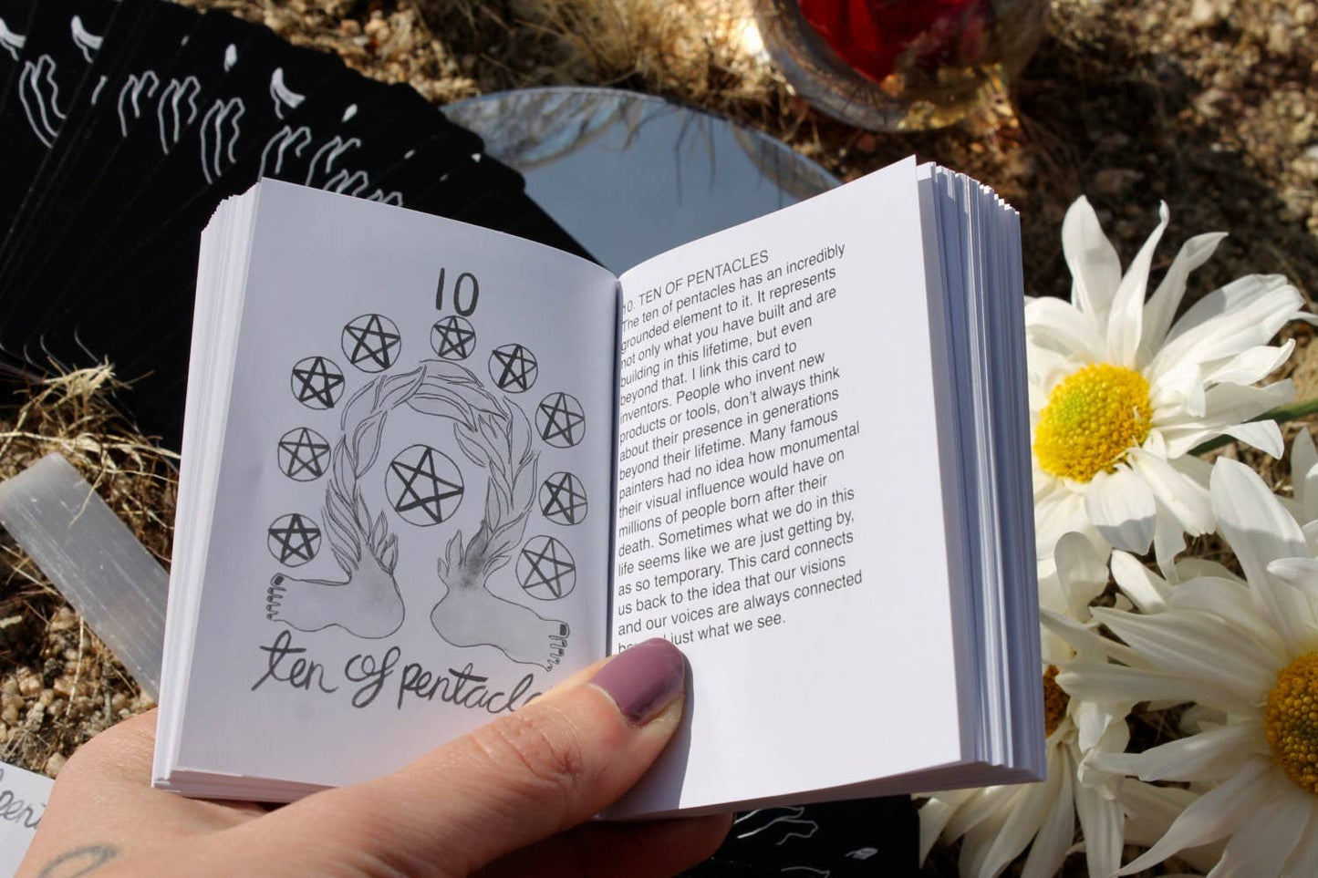 Open book with illustrations and text held by a hand, surrounded by flowers and a glass of red wine. DIVINA Tarot Deck by Mary Elizabeth Evans featuring elegant monochrome pen and ink artwork with celestial symbolism and a 78-card indie tarot deck.