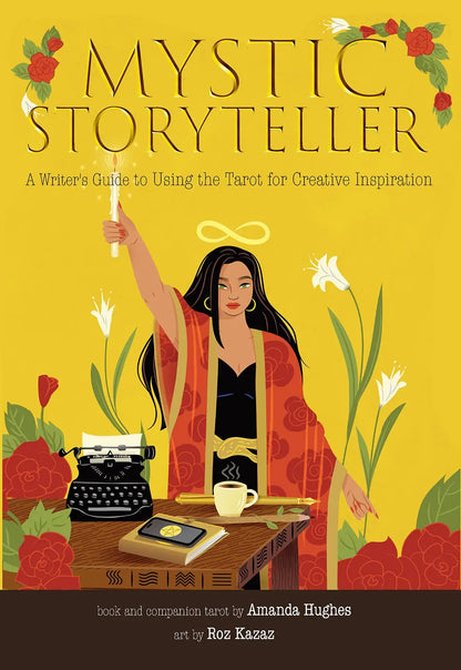 Book cover of 'Mystic Storyteller' with a woman holding a tarot card, typewriter, and flowers on a yellow background.