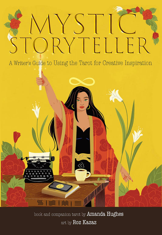 Book cover of 'Mystic Storyteller' with a woman holding a tarot card, typewriter, and flowers on a yellow background.