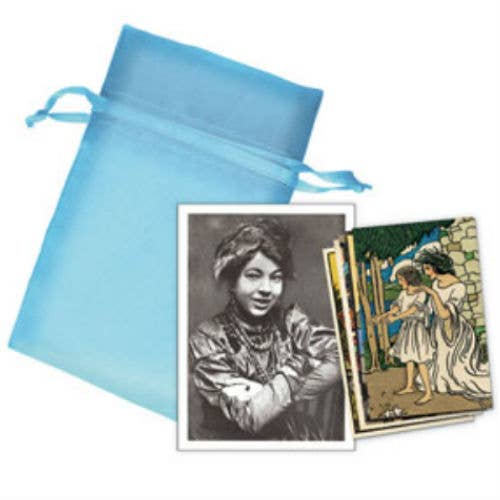 Blue drawstring bag with vintage-style cards featuring women on a white background