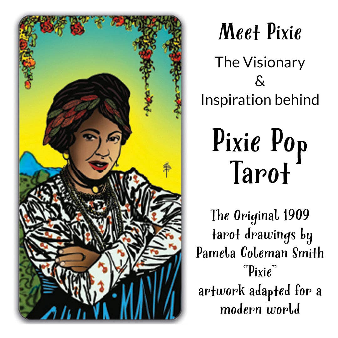 Card featuring a woman with text about Pixie Pop Tarot and Pamela Coleman Smith
