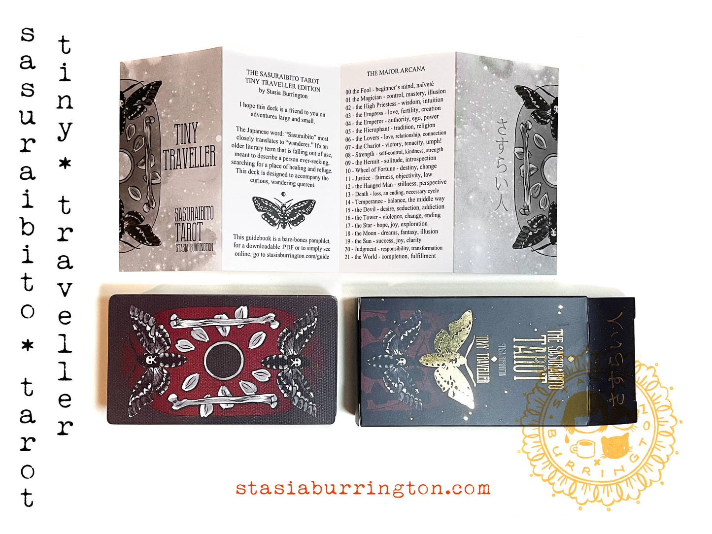 Two tarot card boxes with 'Tiny Traveller' text and a website address on a white background.