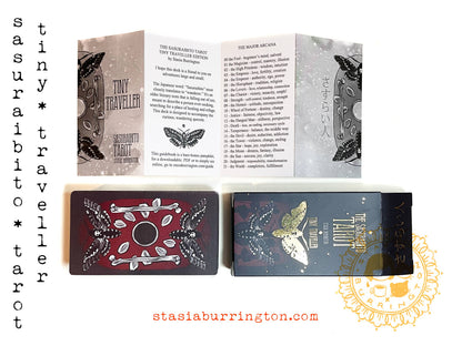 Two tarot card boxes with 'Tiny Traveller' text and a website address on a white background.