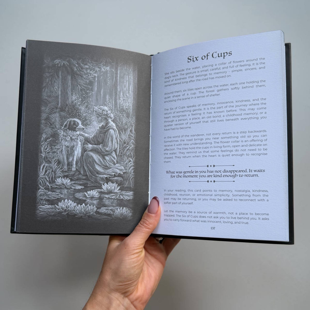 A hand holding an open book showing the 'Six of Cups' tarot card page, with a detailed black-and-white illustration on the left page and printed text on the right page, set against a plain gray background. Caminante Tarot deck with hardcover guidebook featuring silver foil tarot cards and matte black edges

