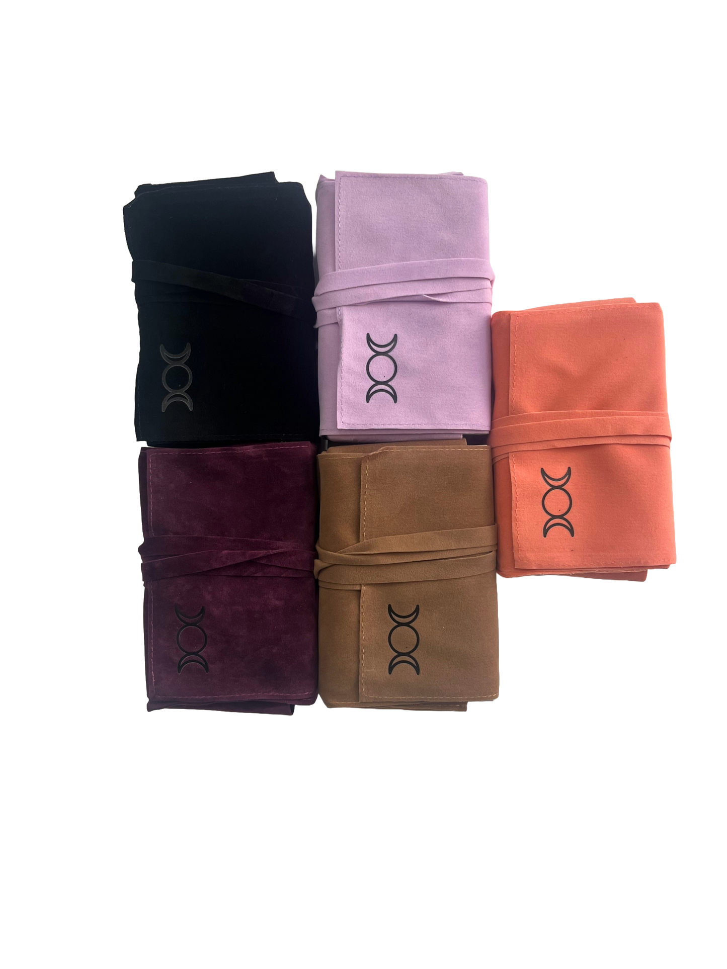 Five tarot pouch wraps in black, purple, pink, brown, and orange on a white background.