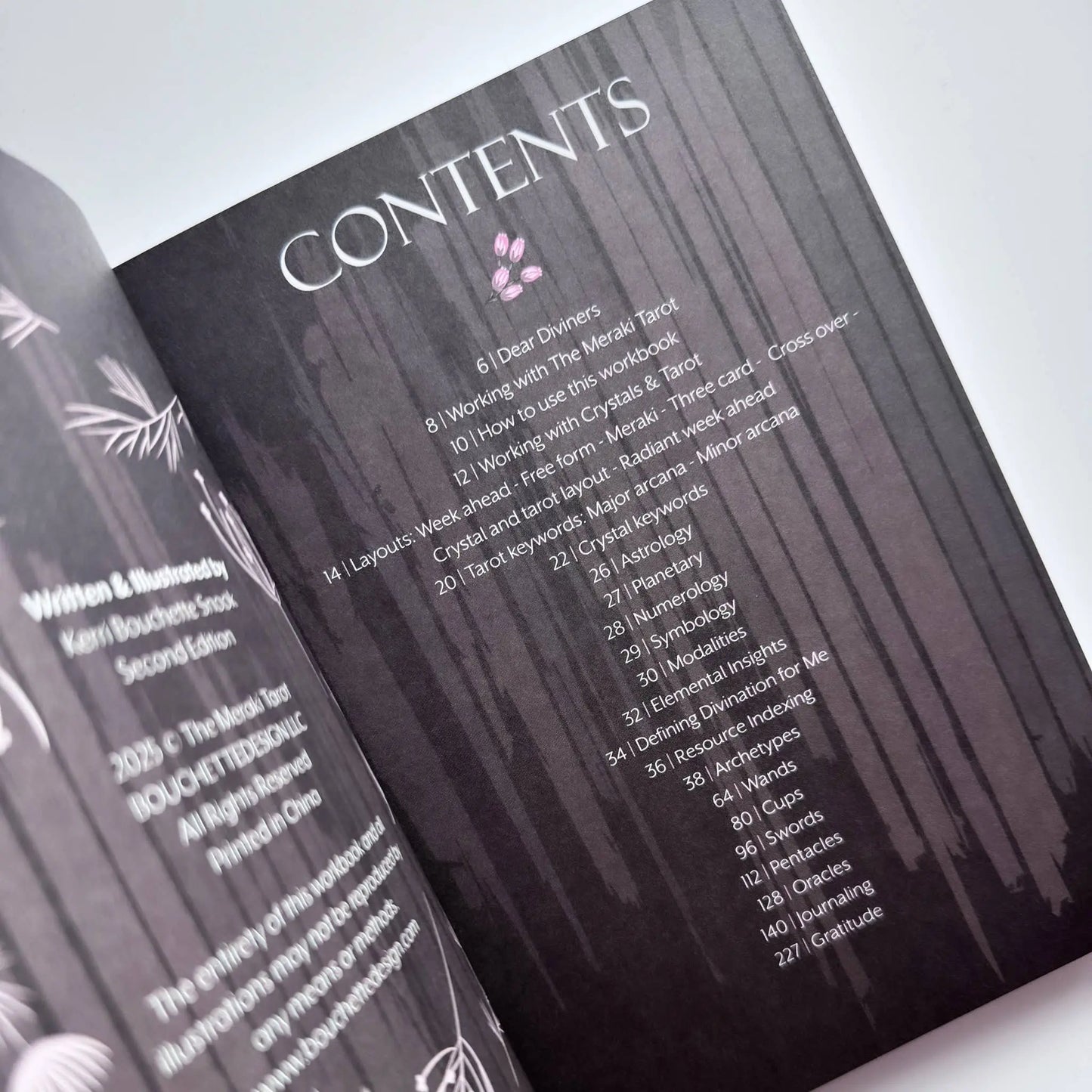 Contents page of a book with text and decorative elements on a white background Meraki workbook for tarot and crystal work 