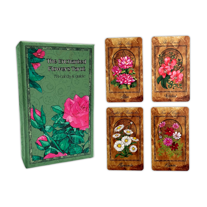 Floral tarot cards with a green book titled 'The Enchanted Flowers Tarot' on a white background.