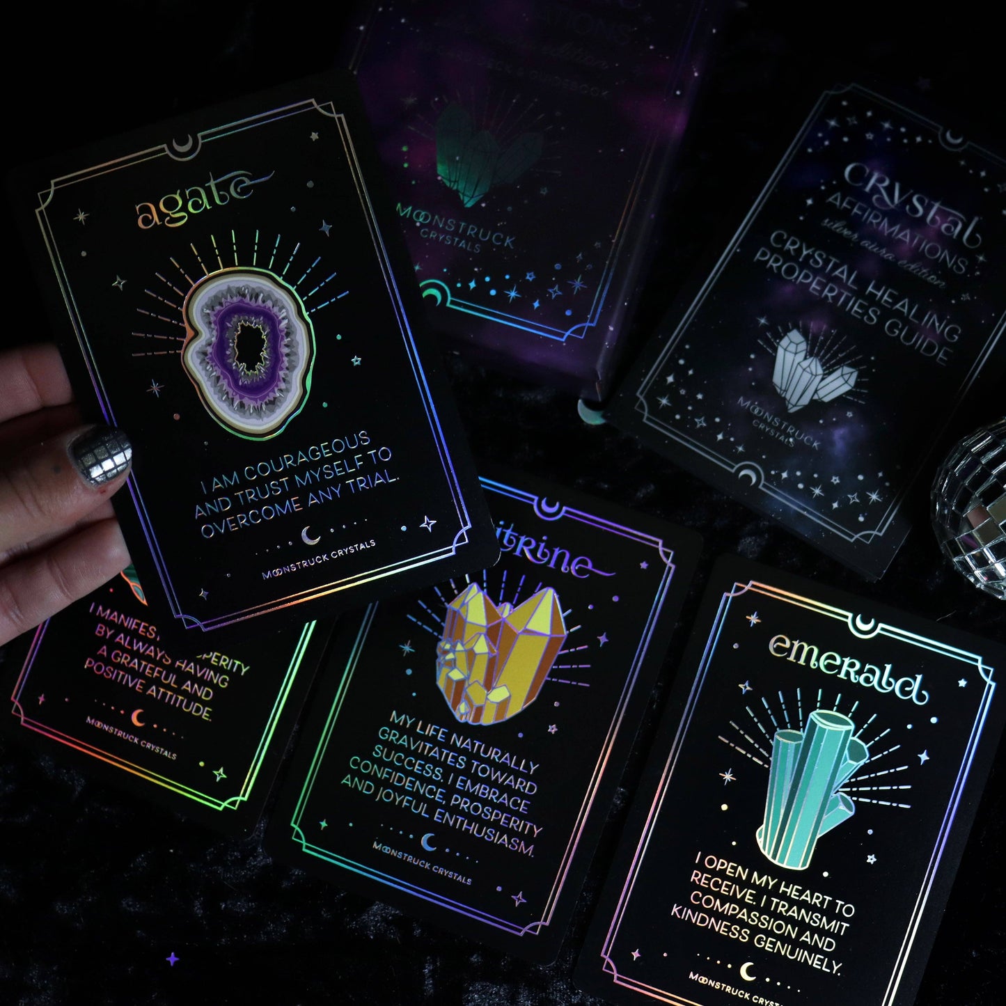 Set of tarot cards with glowing effects on a dark background