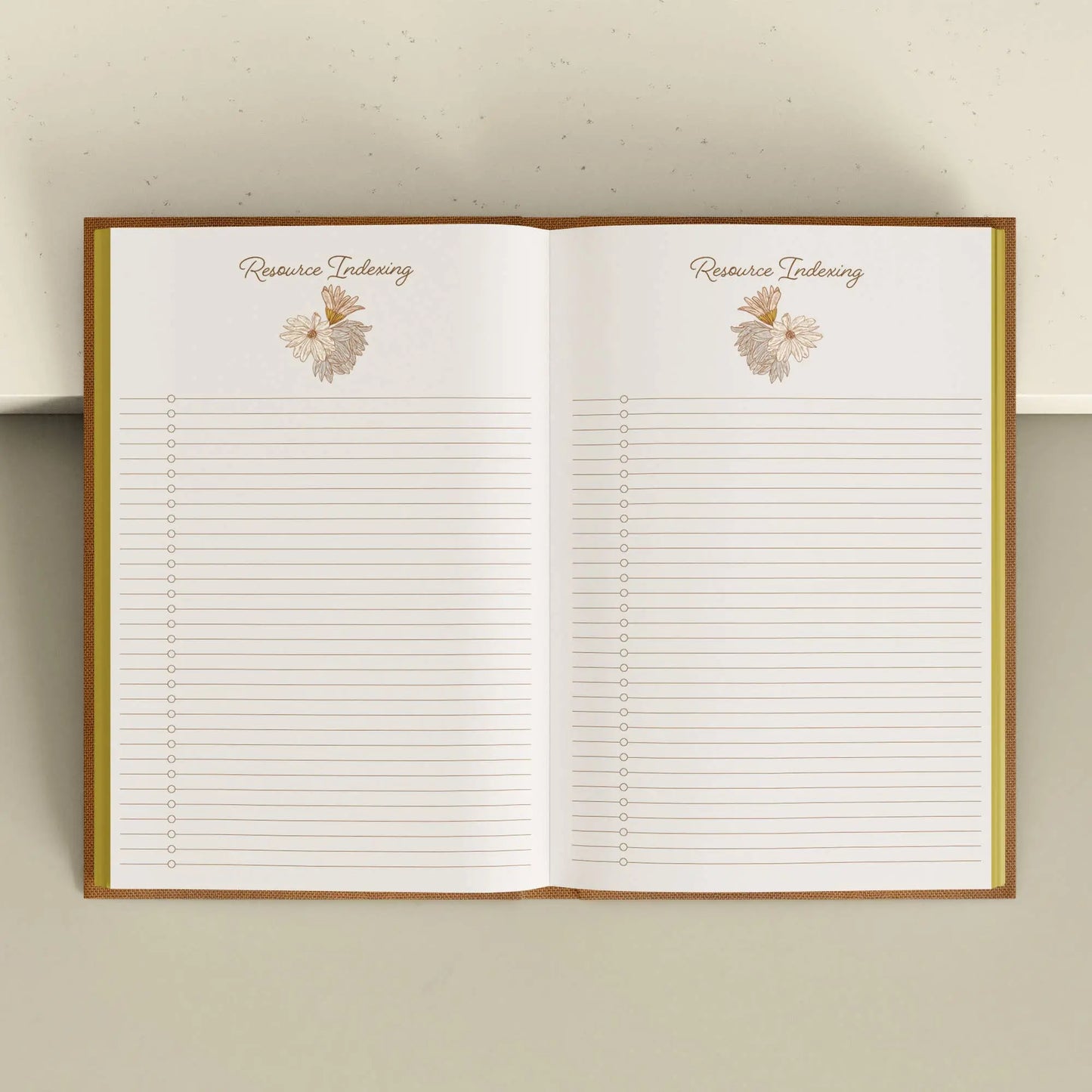 Open notebook with lined pages and decorative elements on a neutral background Grimoire Bouchette and Co Oneness Emporium
