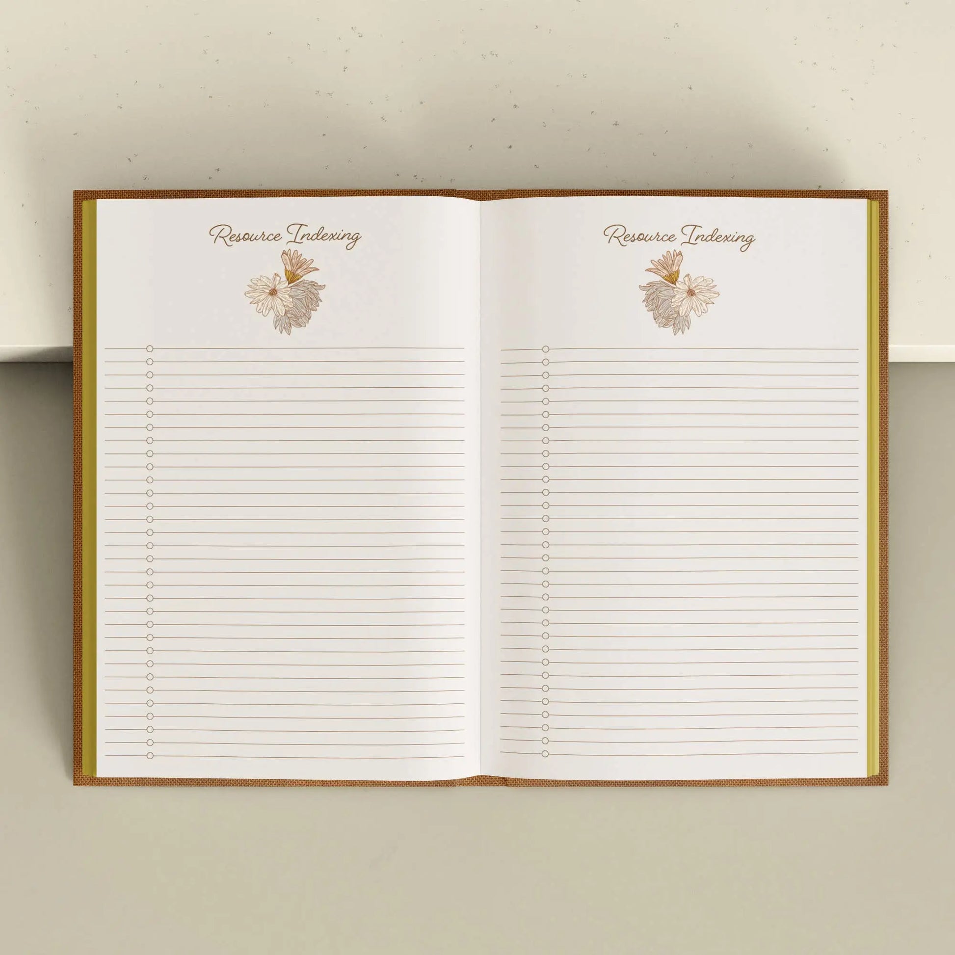 Open notebook with lined pages and decorative elements on a neutral background Grimoire Bouchette and Co Oneness Emporium