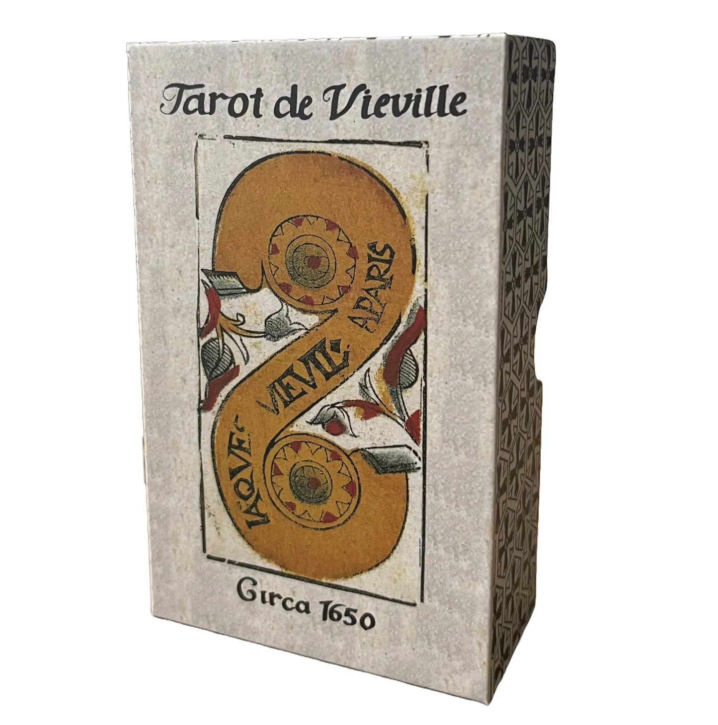 Tarot de Vieville card box with decorative design and text on a white background