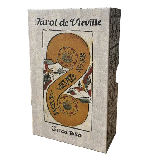 Tarot de Vieville card box with decorative design and text on a white background