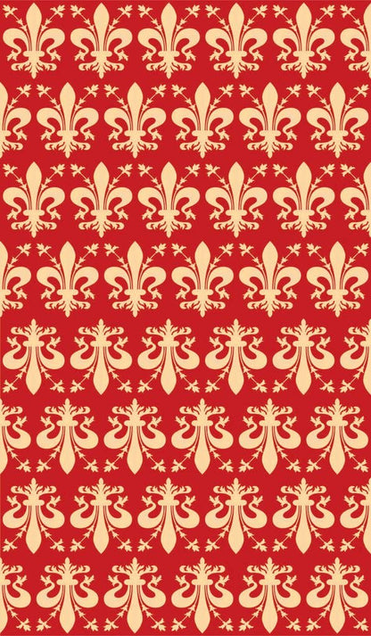 Pattern of fleur-de-lis symbols on a red background Dante Tarot Out of Print edition by Giordano Berti and Andrea Serio inspired by Dante Alighieri's Divine Comedy and published by Lo Scarabeo.