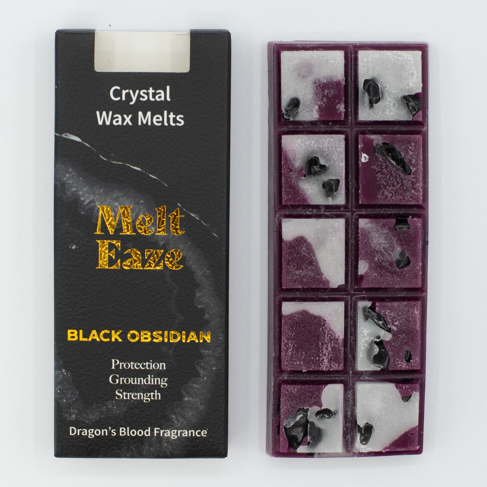 Obsidian Shield 50g Dragon's Blood scented wax melt snap bar with genuine Black Obsidian crystal chips, featured in the Oneness Tarot & Tea Samhain box.