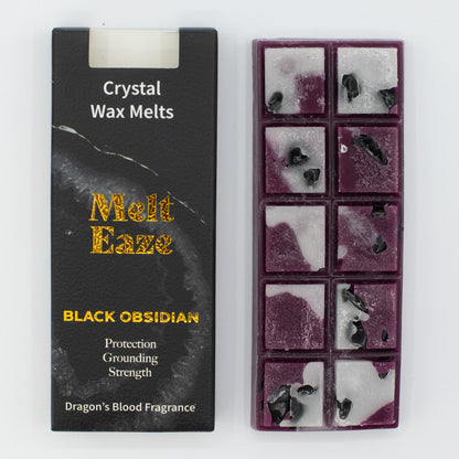 Obsidian Shield 50g Dragon's Blood scented wax melt snap bar with genuine Black Obsidian crystal chips, featured in the Oneness Tarot & Tea Samhain box.