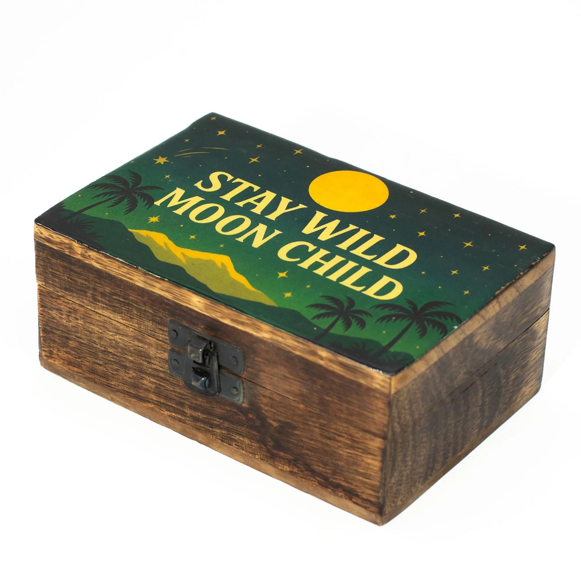 Medium tarot storage box with desert night scene, full moon, palm trees and stars.