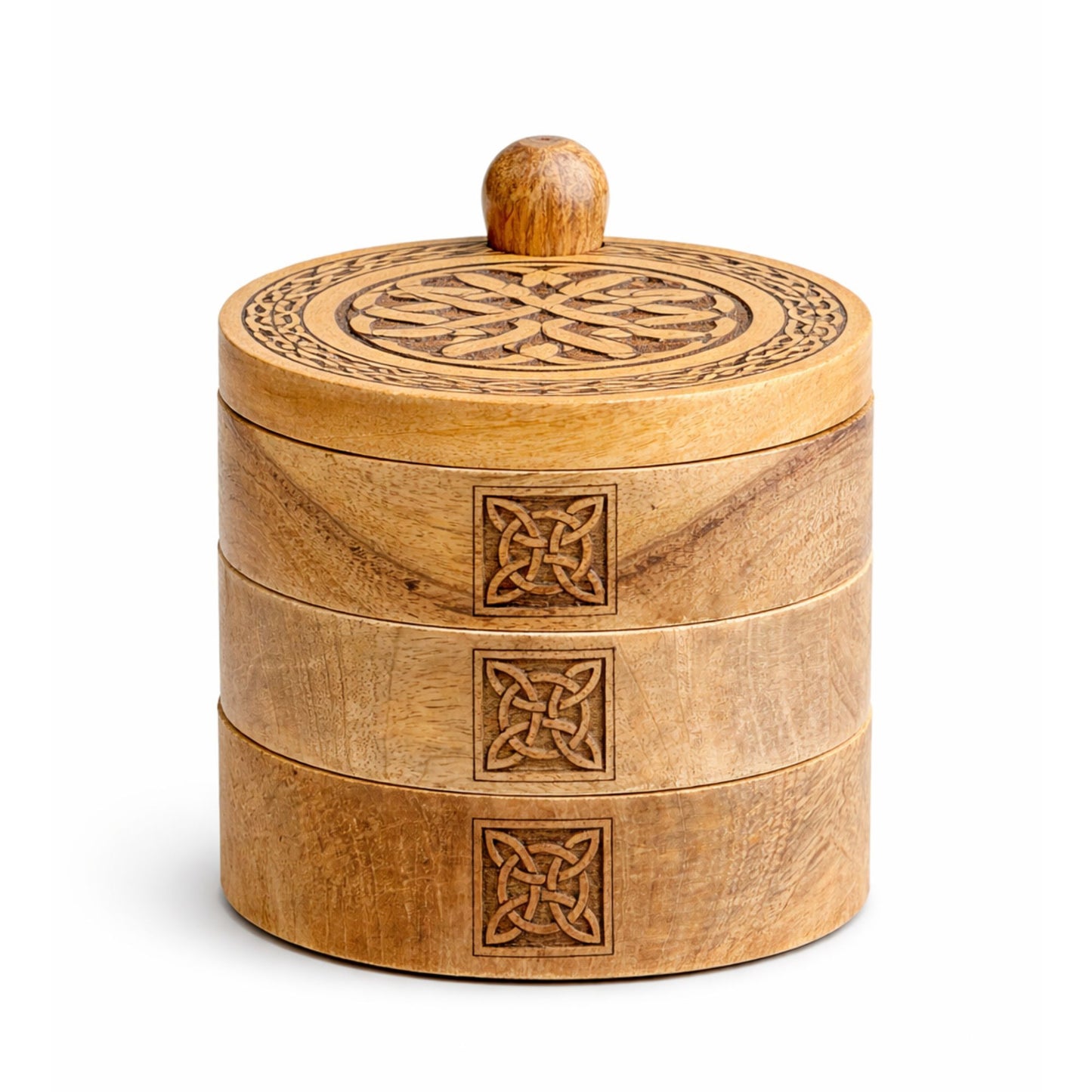 Handcrafted Celtic Carved 3 Tier Revolving Box made from mango wood with rotating storage compartments and traditional Celtic knot carvings for tarot accessories and crystals.