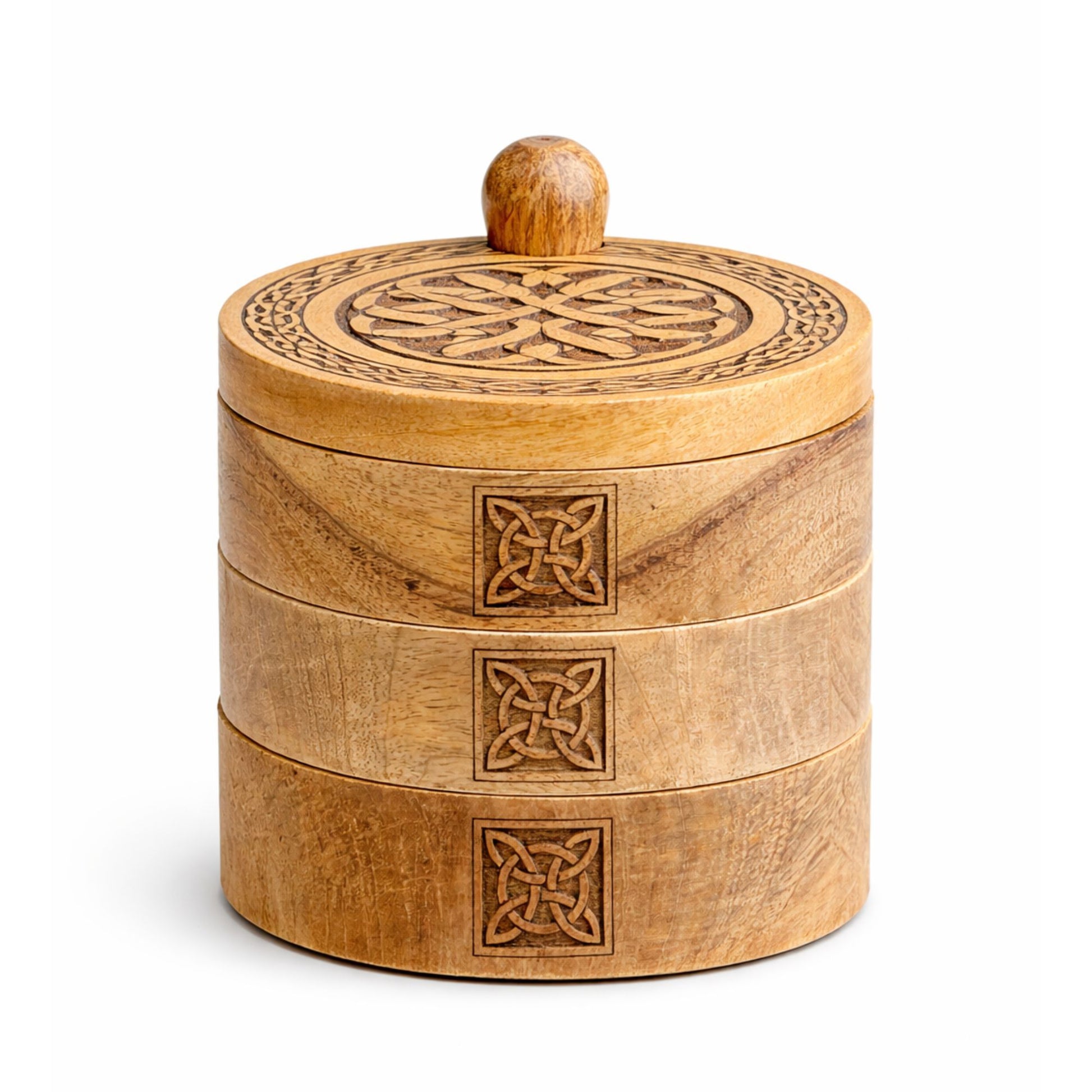 Handcrafted Celtic Carved 3 Tier Revolving Box made from mango wood with rotating storage compartments and traditional Celtic knot carvings for tarot accessories and crystals.