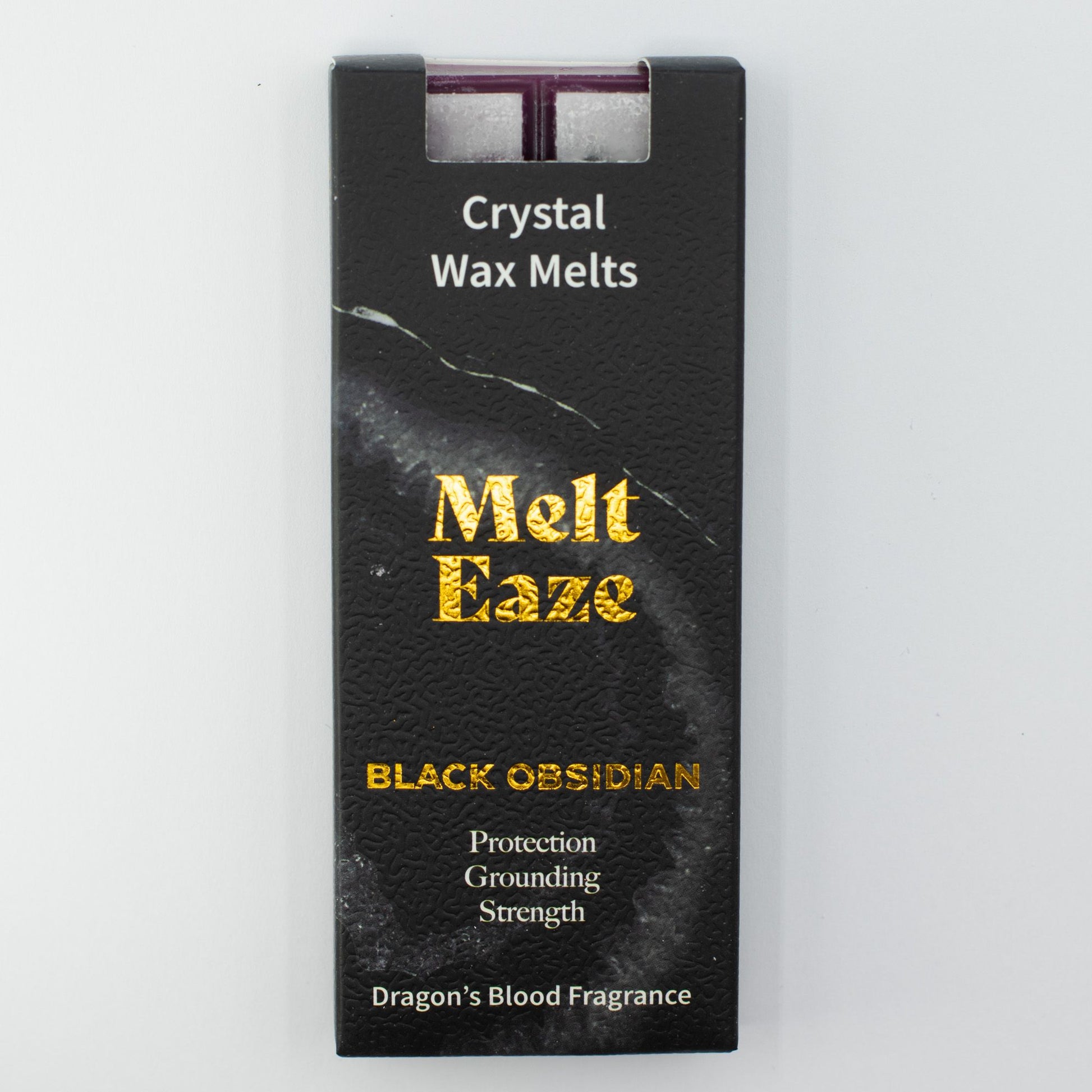 Obsidian Shield 50g Dragon's Blood scented wax melt snap bar with genuine Black Obsidian crystal chips, featured in the Oneness Tarot & Tea Samhain box.