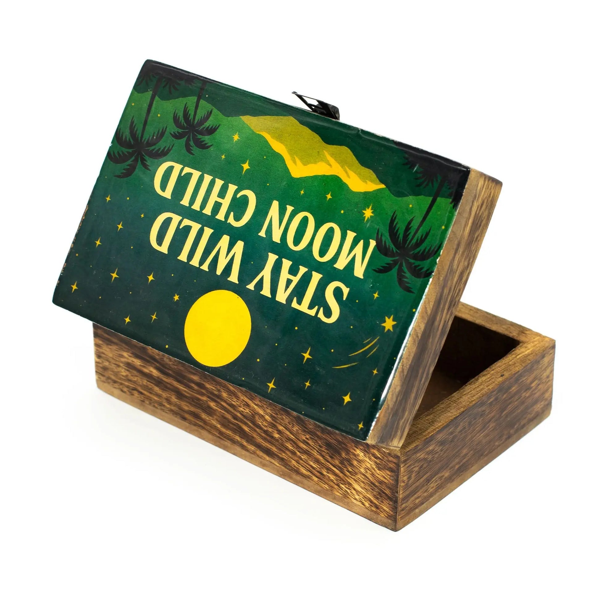 Medium tarot storage box with desert night scene, full moon, palm trees and stars.