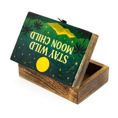 Medium tarot storage box with desert night scene, full moon, palm trees and stars.