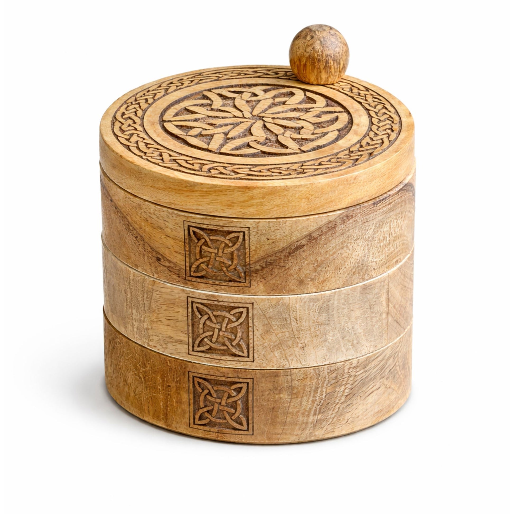 Handcrafted Celtic Carved 3 Tier Revolving Box made from mango wood with rotating storage compartments and traditional Celtic knot carvings for tarot accessories and crystals.