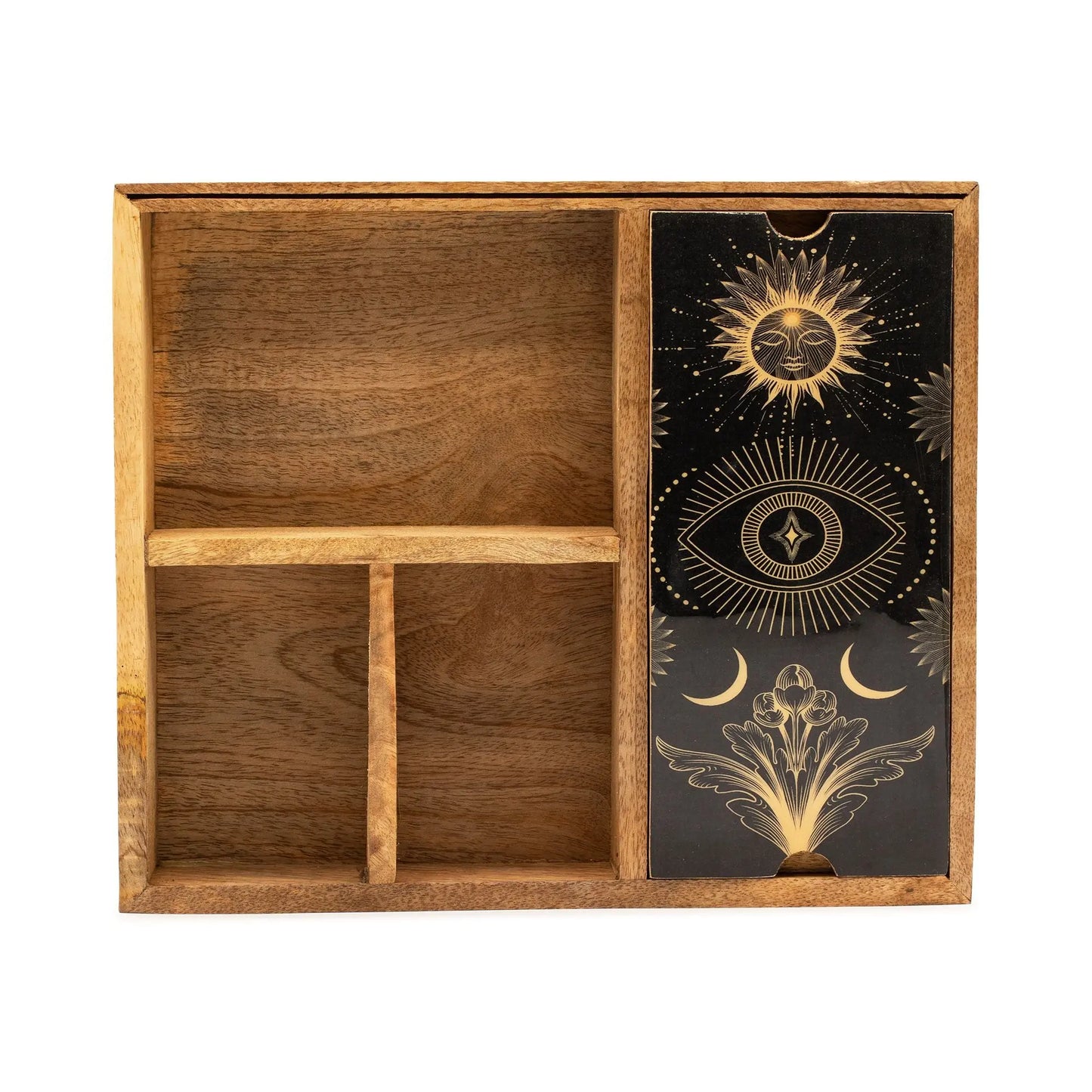 Wooden box with black side panel featuring celestial designs on a white background