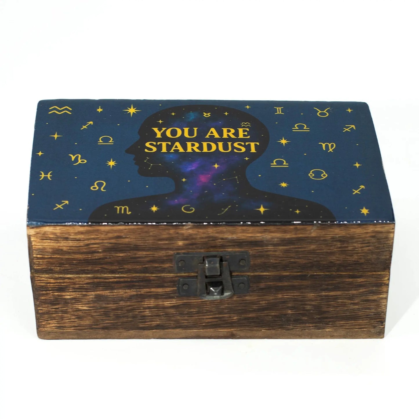 Medium tarot storage box with celestial human profile and zodiac symbols on blue background.