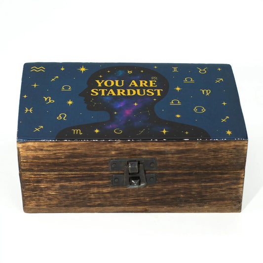Medium tarot storage box with celestial human profile and zodiac symbols on blue background.